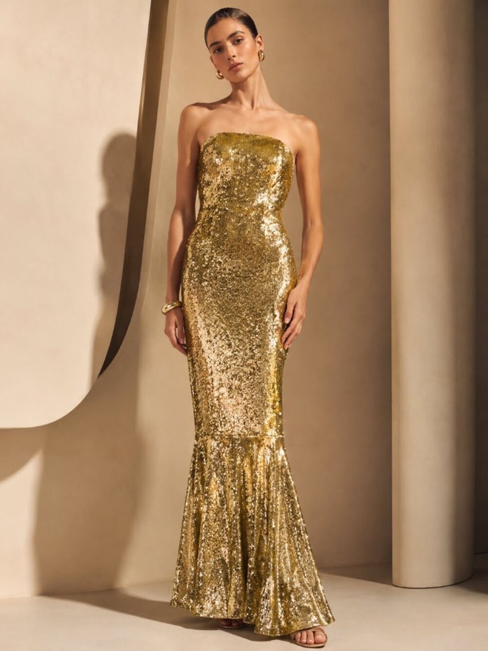 ASOS Gold Sequin Strapless Fishtail Mermaid Event Dress Evening Gown NEW NWT